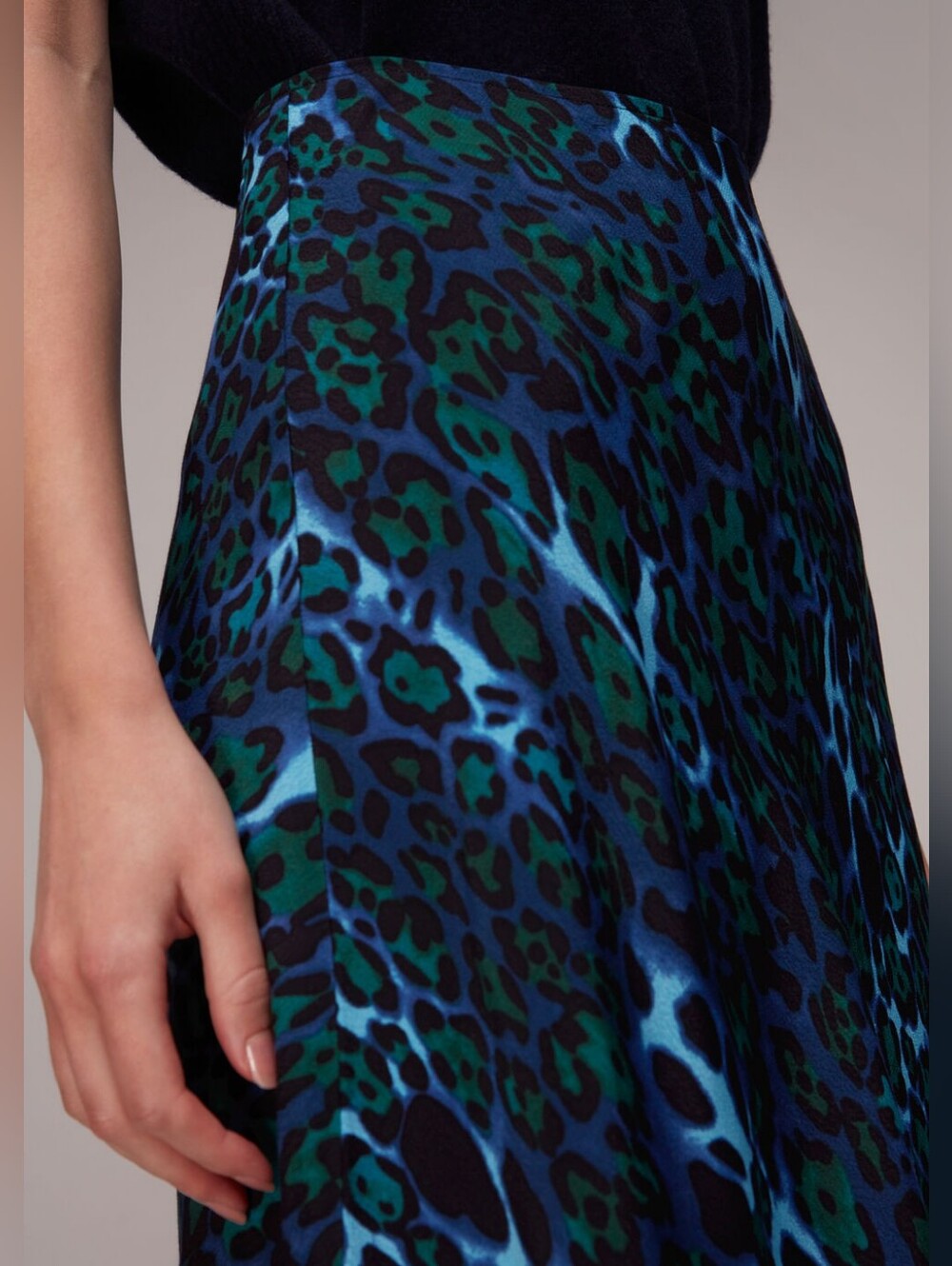 Whistles London "Night Cat" Blue Leopard Print Bias Cut Midi Skirt – Size US 2